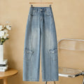 American retro washed tooling jeans women's 2026 spring and summer new multi-pocket high-waisted loose hip-covering wide-leg pants