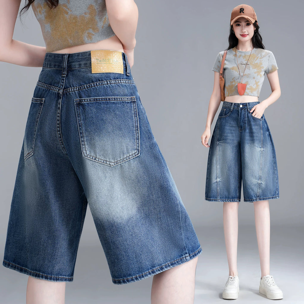 Korean version of loose wide-leg five-point jeans for women's 2026 summer new high-waisted and thin versatile thin straight-leg pants