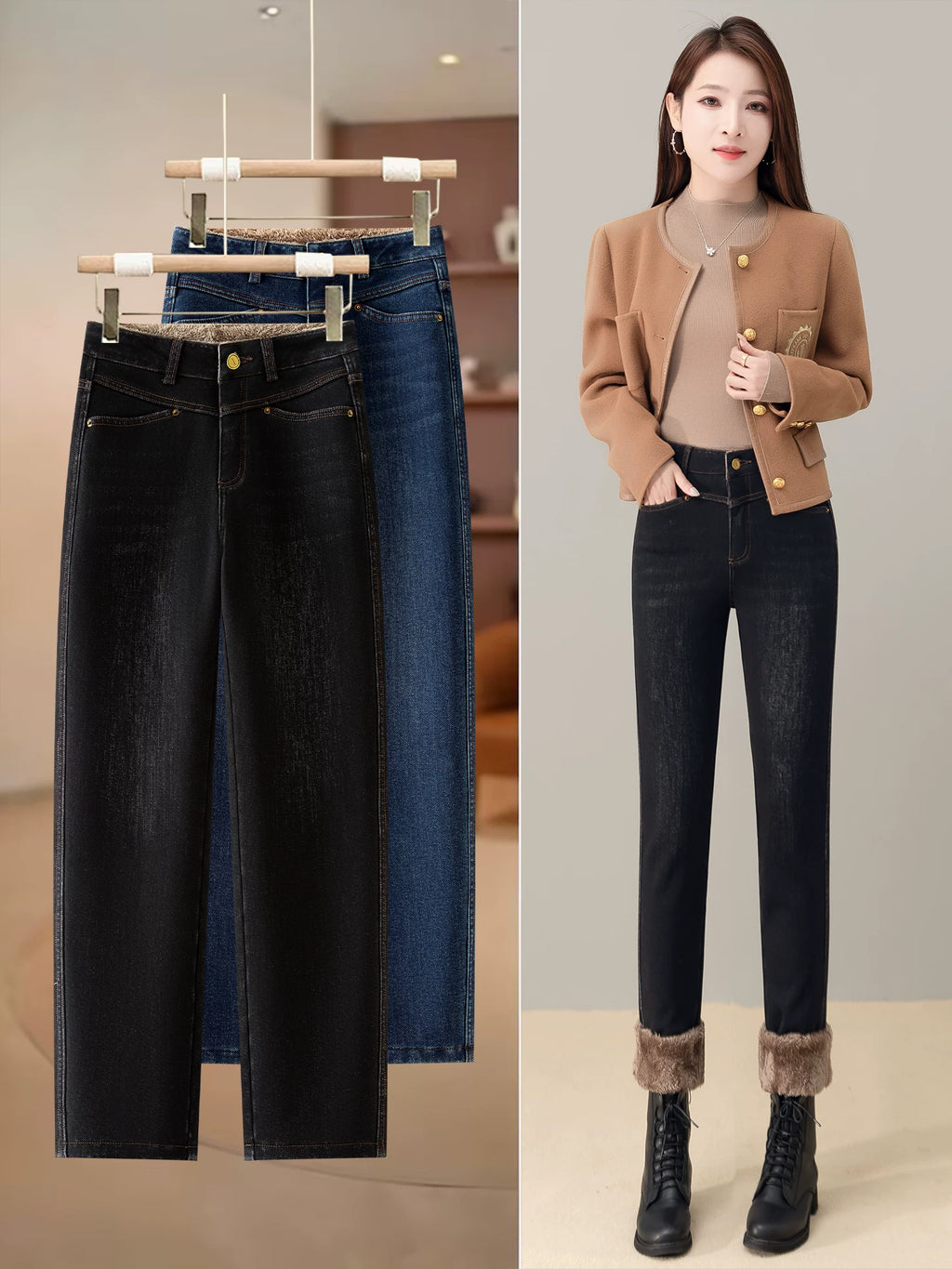 Retro velvet warm high waist thin pants children's 2026 winter new slim-fit elastic radish jeans
