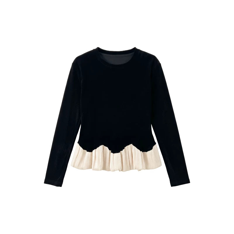 [Valkyvia/Yoyo] Crew neck contrasting color, bright hem, slim and thin top 363311