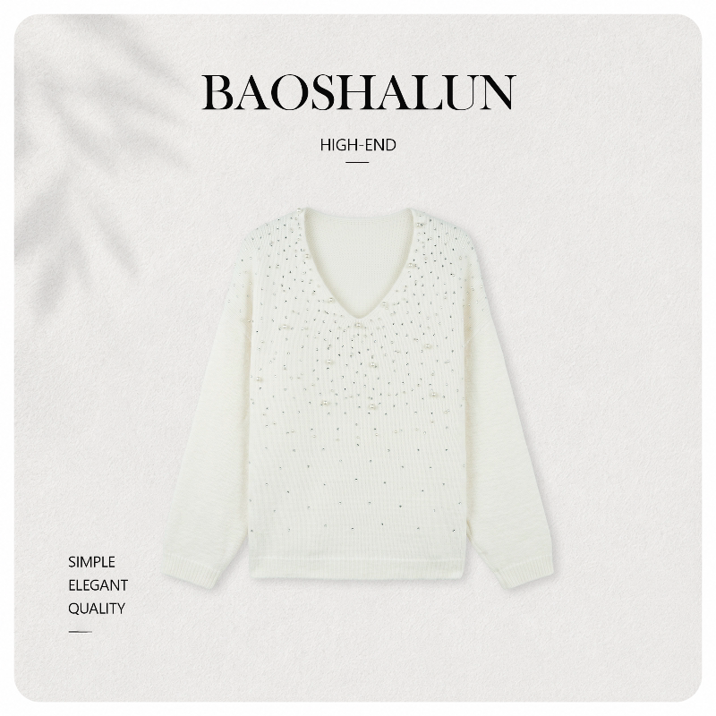 [Recommended by Huahua] Wool light luxury celebrity V-neck full of diamond beads loose wool woven shirt 263399