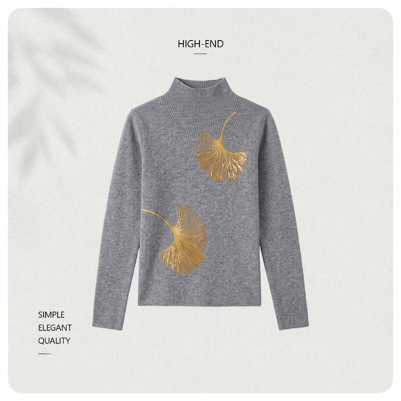 [Valkyvia/Yoyo] National style ginkgo embroidered semi-turtleneck soft waxy slim-fitting knitted top 263454