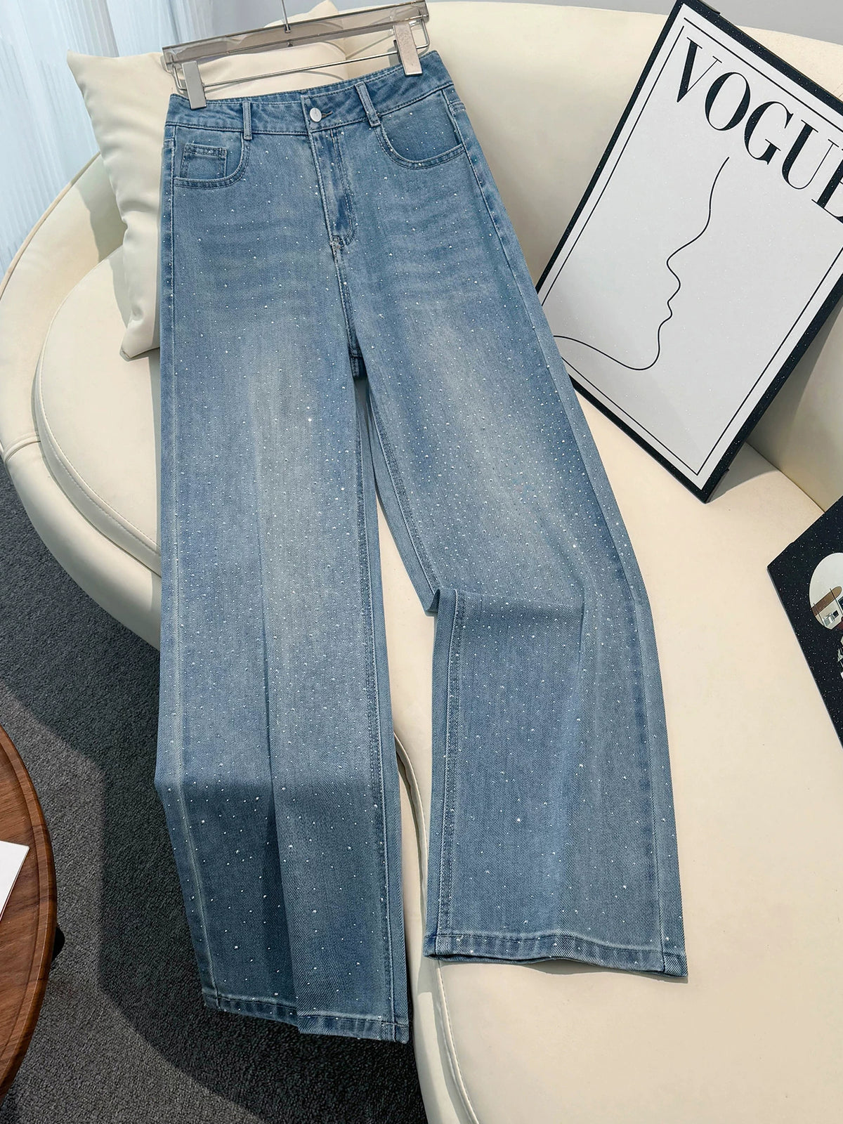 Korean Version of Thin, Hot Diamond-Patterned Women's Slim Straight-Leg Pants, 2026 New Autumn Small-Waist High-Waisted Wide-Leg Pants