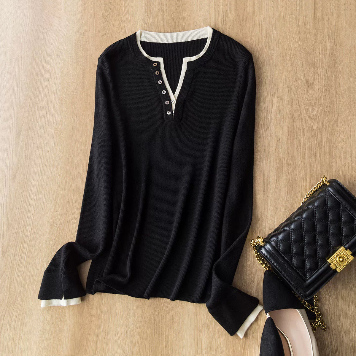 Stylish and Slimming! Double V-Neck Color-Block Faux Two-Piece Layered Base Top, Slim-Fit Soft Wool Knit Undershirt for Women