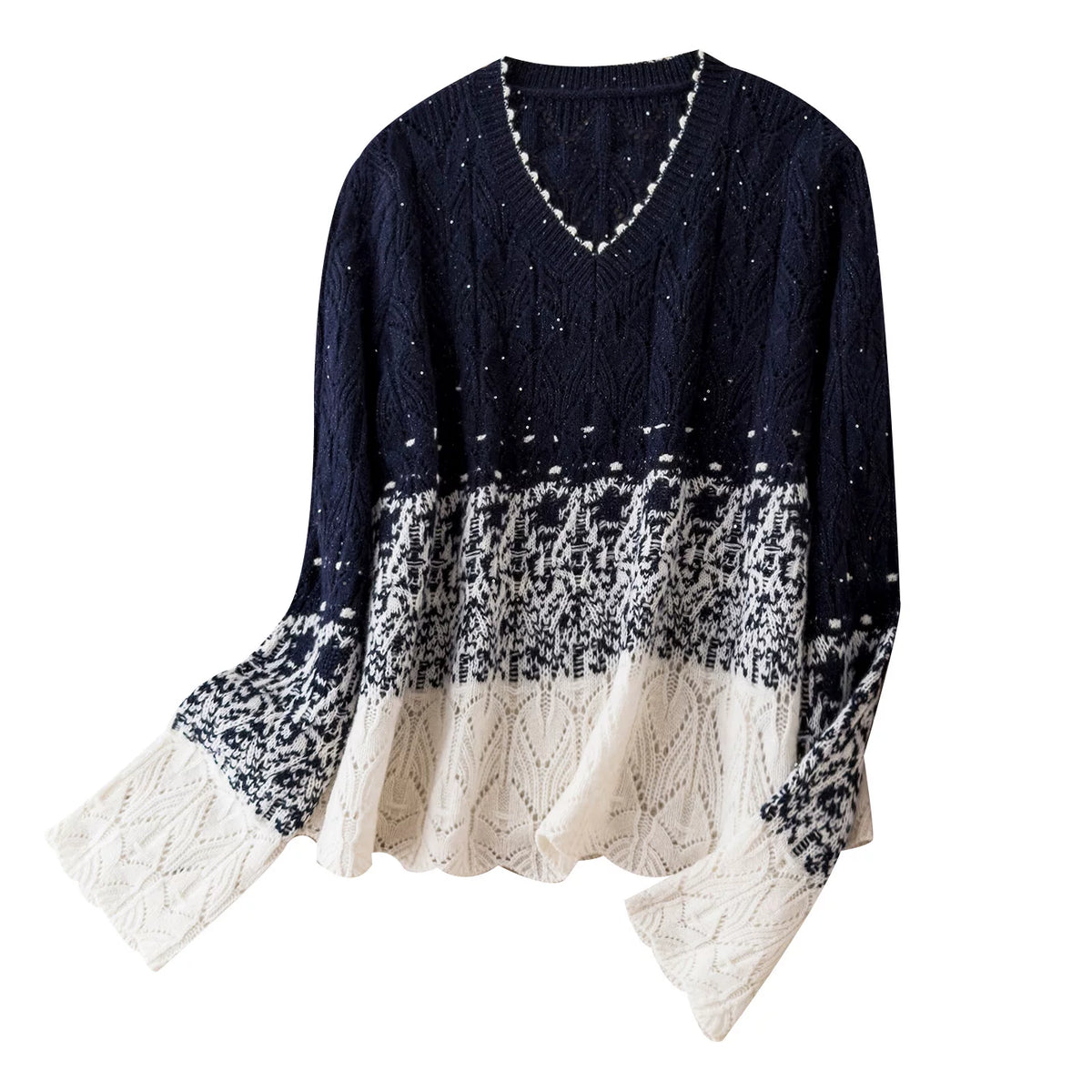 Gradient Baby Star Soft and Luxurious 100% Wool Openwork Crochet V-Neck Knit Sweater – So Beautiful!