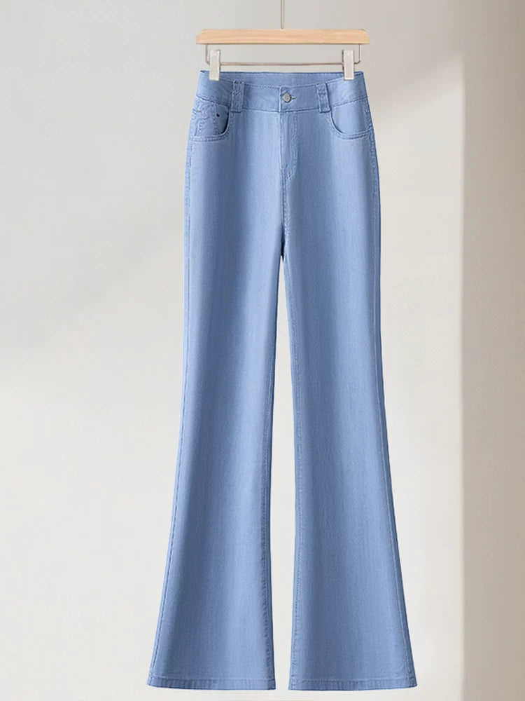 Tencel straight and slightly pulled jeans women's 2026 summer new small cool ice silk thin high-waisted horseshoe pants