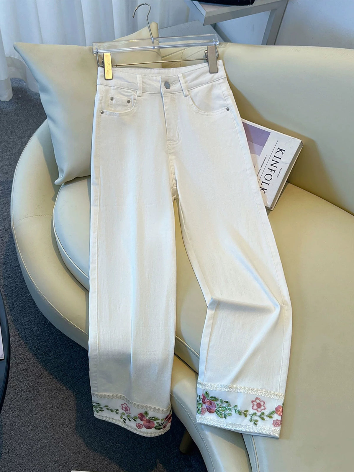 White national style lace embroidered straight jeans women's 2026 summer high waist and thin small eight-point pipe pants