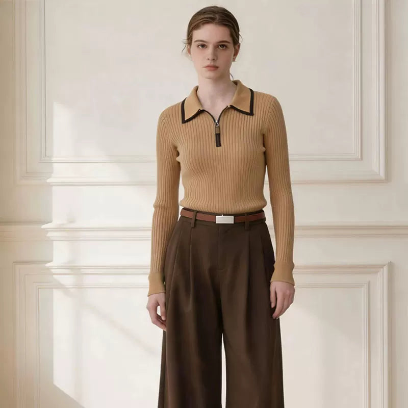 Wool Blend French Half-Placket Design-Forward Color-Block Knit Top 963086