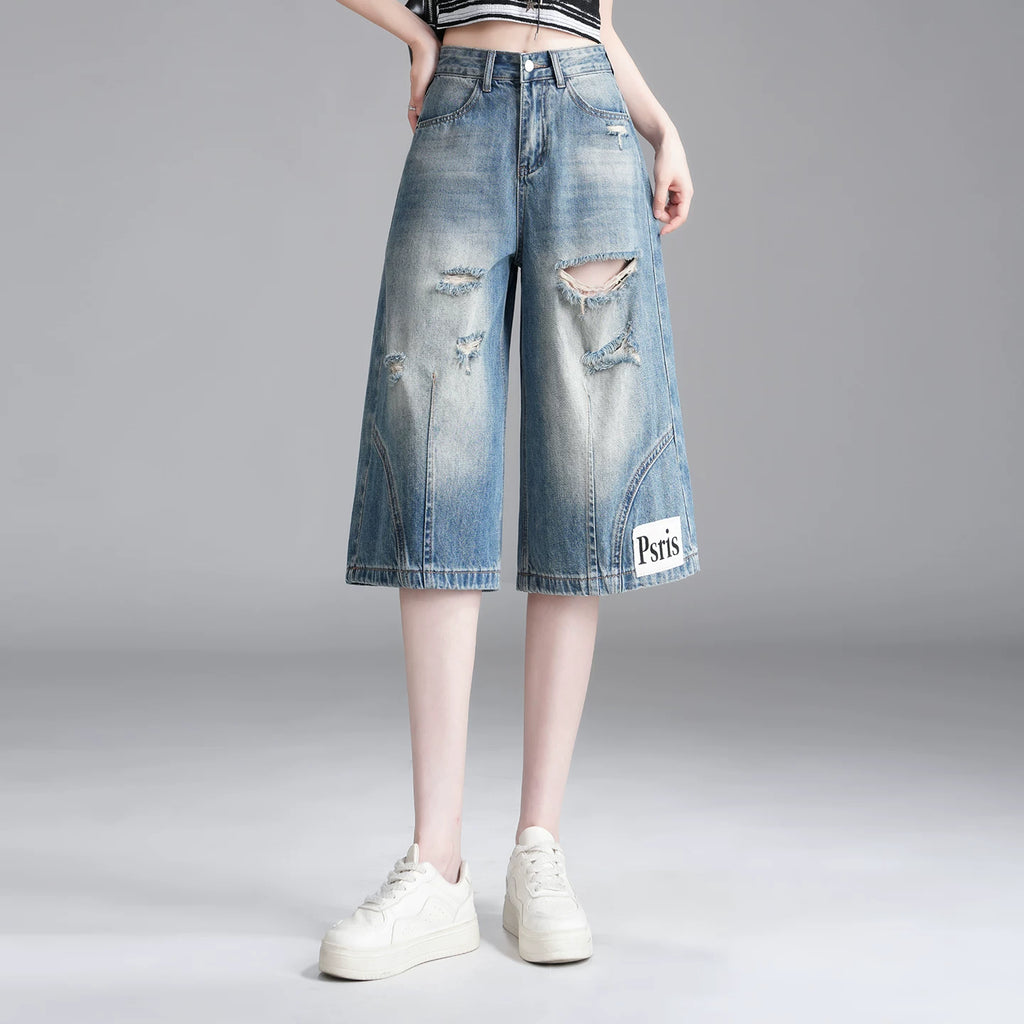 American old ripped denim wide-leg pants women's 2026 summer high waist loose and thin versatile straight six-point shorts