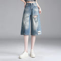 American old ripped denim wide-leg pants women's 2026 summer high waist loose and thin versatile straight six-point shorts