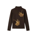 [Valkyvia/Yoyo] National style ginkgo embroidered semi-turtleneck soft waxy slim-fitting knitted top 263454