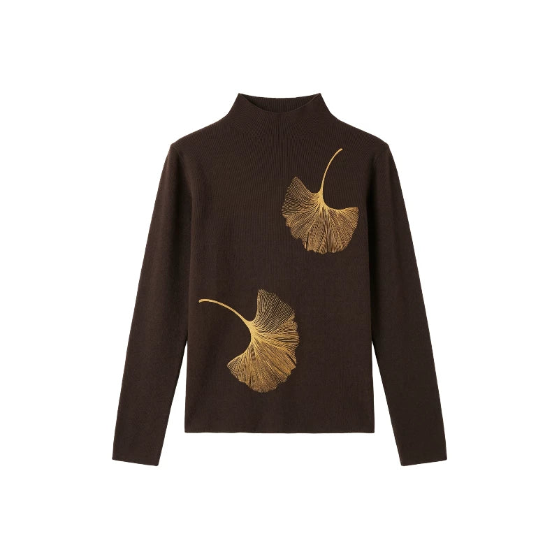 [Valkyvia/Yoyo] National style ginkgo embroidered semi-turtleneck soft waxy slim-fitting knitted top 263454