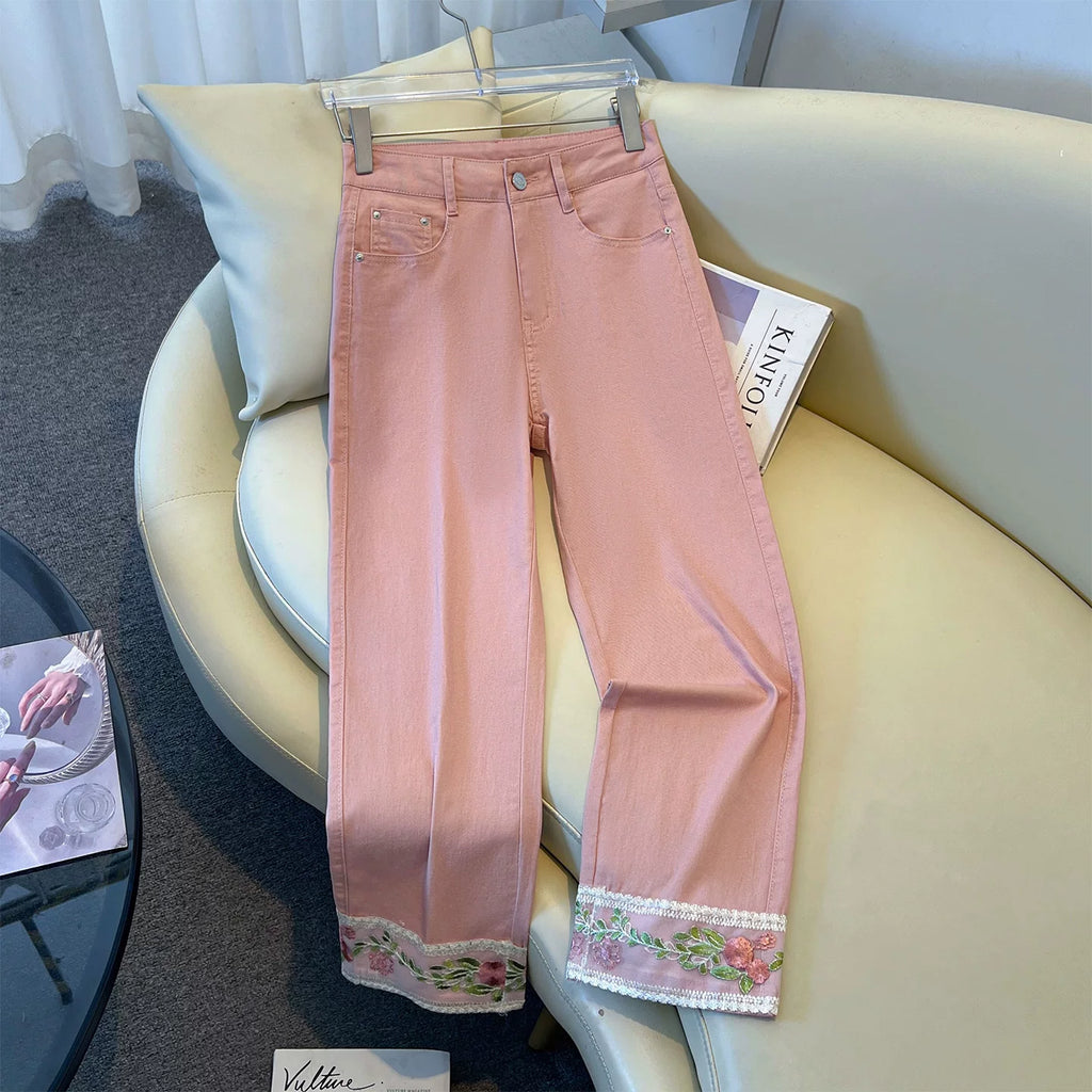 White national style lace embroidered straight jeans women's 2026 summer high waist and thin small eight-point pipe pants