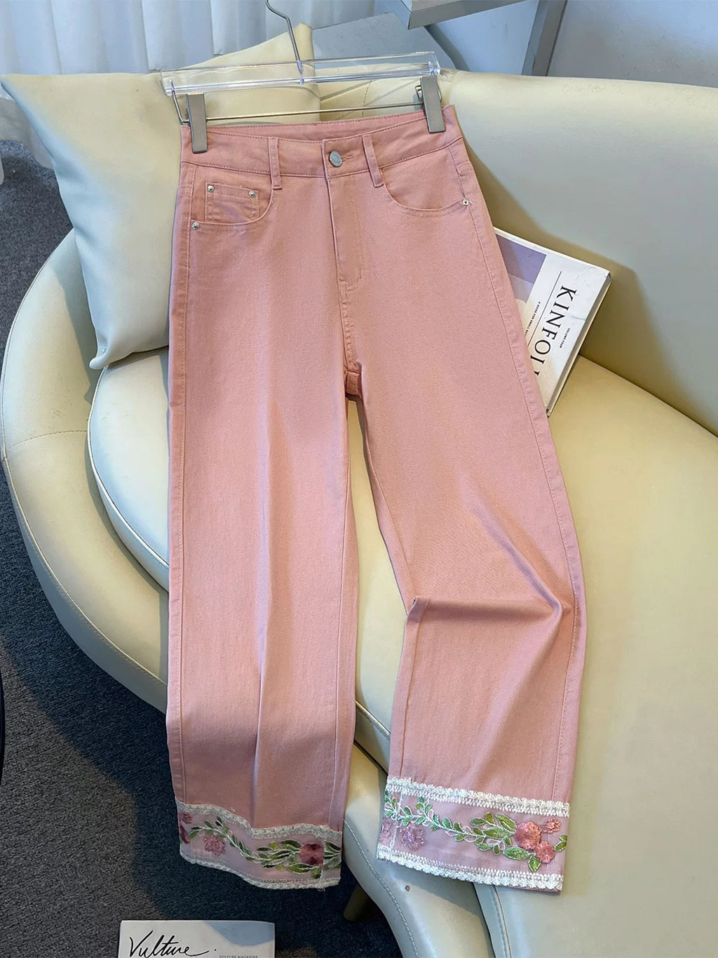White national style lace embroidered straight jeans women's 2026 summer high waist and thin small eight-point pipe pants