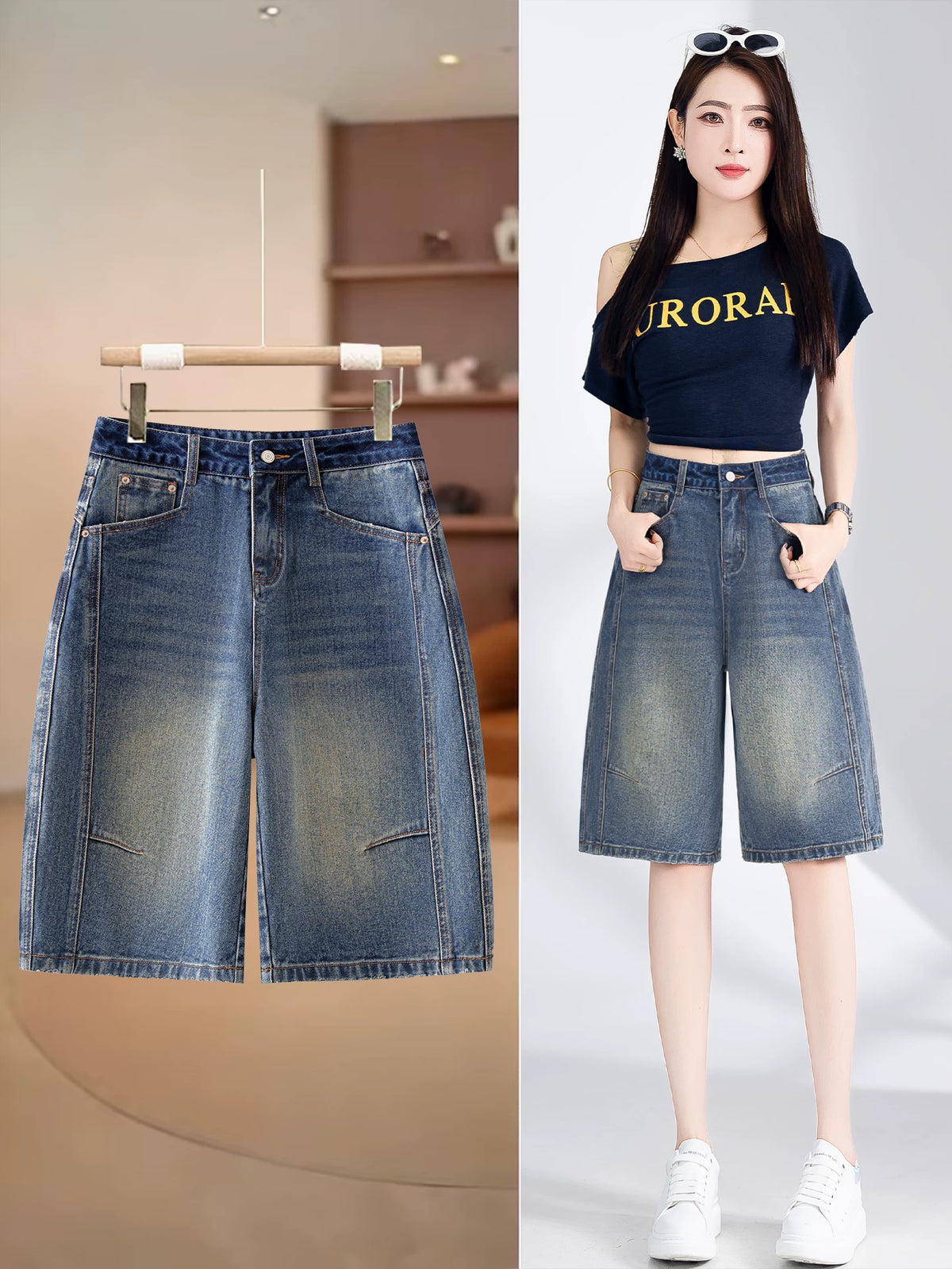 Hong Kong style nostalgic high-waisted denim shorts women's 2026 summer new high-waisted and thin hip-covering versatile wide-leg five-point pants