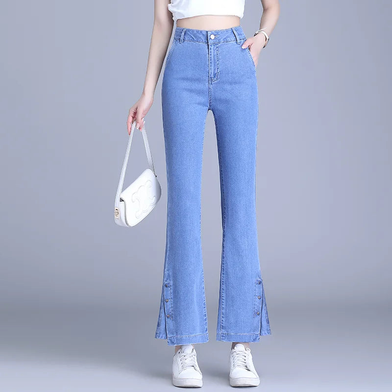 浅蓝色开叉天丝九分微喇牛仔裤女2026夏季新款高腰显瘦修身喇叭裤