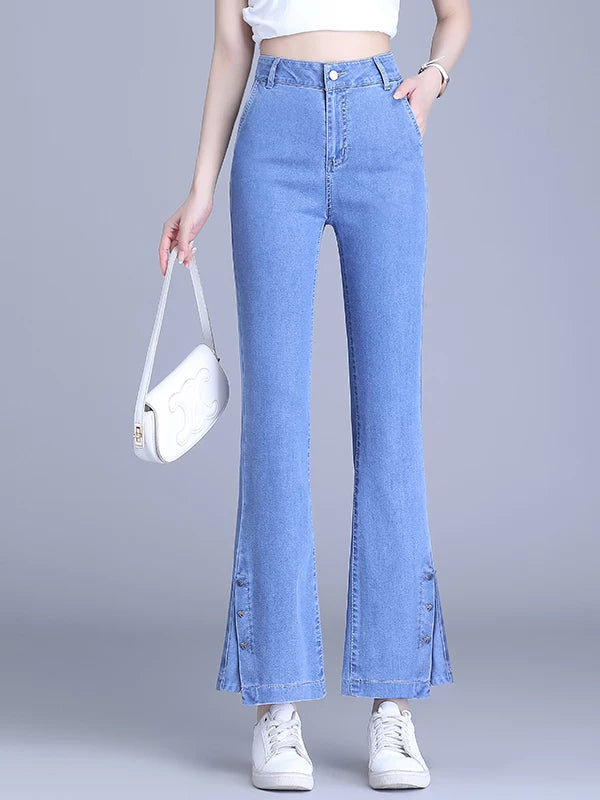浅蓝色开叉天丝九分微喇牛仔裤女2026夏季新款高腰显瘦修身喇叭裤