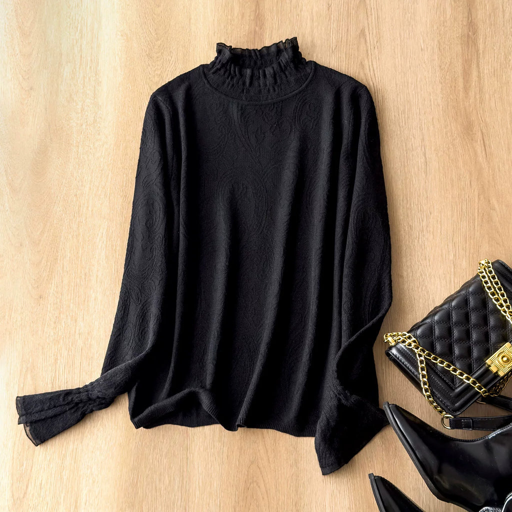 Gentle White Moonlight – So Easy to Style! Floral Lace Jacquard Knit Long-Sleeve Mock-Neck Base Layer for Women