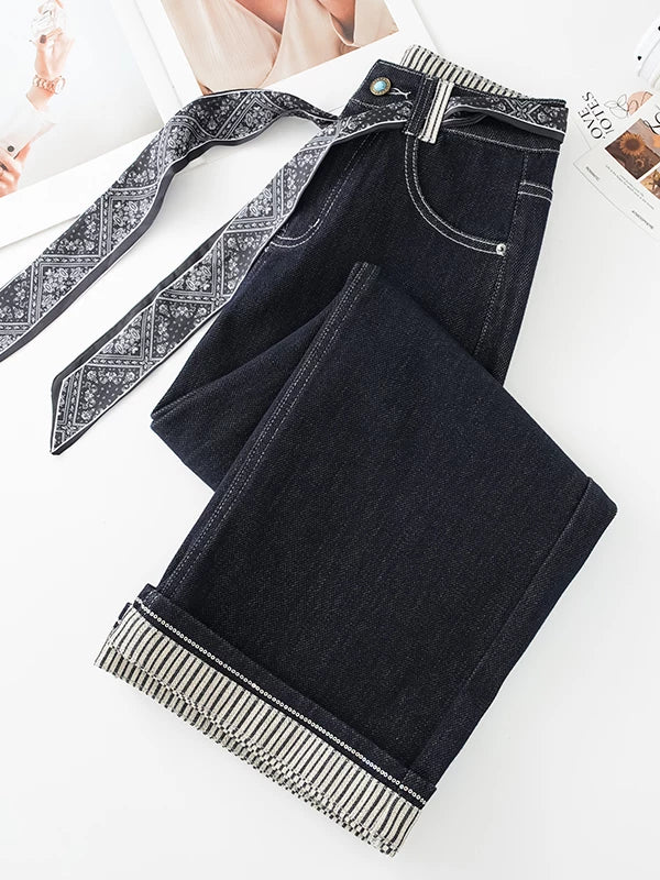 Denim Blue Super Fire Silk Scarf Belt Straight Jeans Women's 2026 Autumn New High Waist Skinny Curled Wide Leg Pants