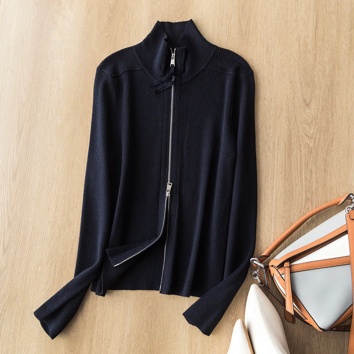 High-end quality stand-collar zip-up knit cardigan short jacket elegant versatile slimming wool base layer top trendy