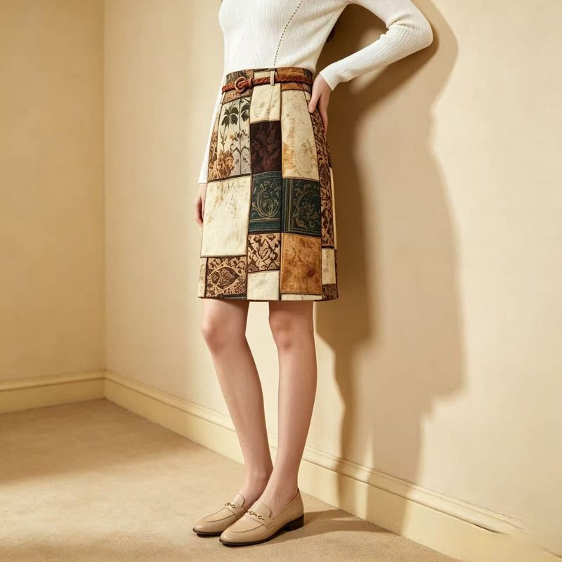 [Huahua Recommendation] Retro splicing printing high waist drape knee skirt 963151