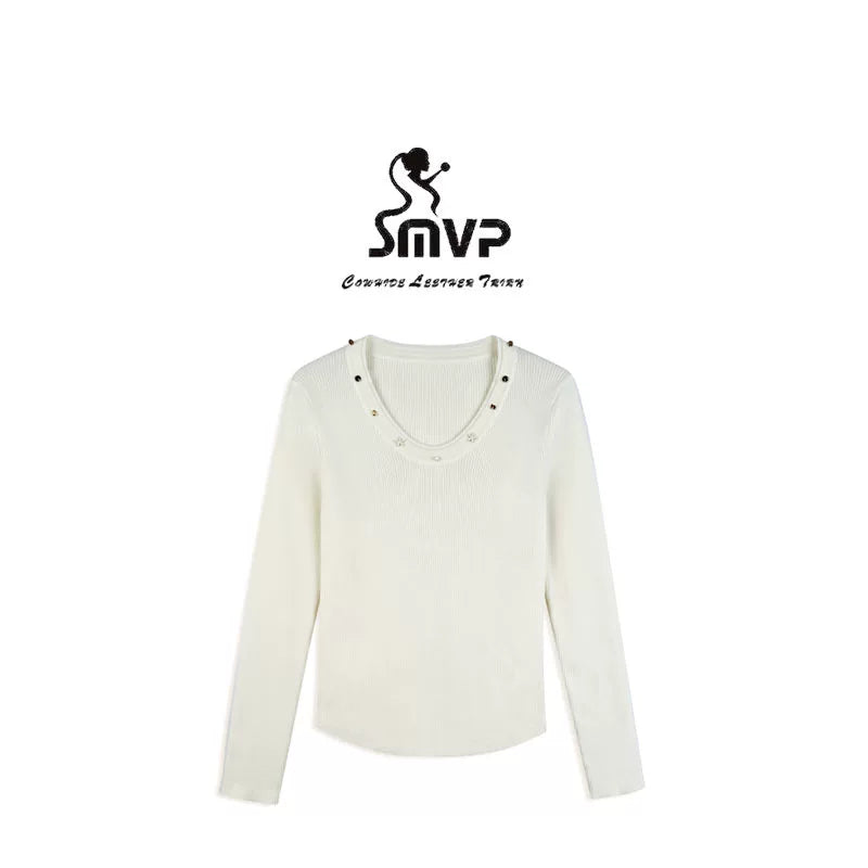 [Bin Bin Exclusive] [Cloud Star Fall] Wool Design Bead Crew Neck Knitted Top 363113