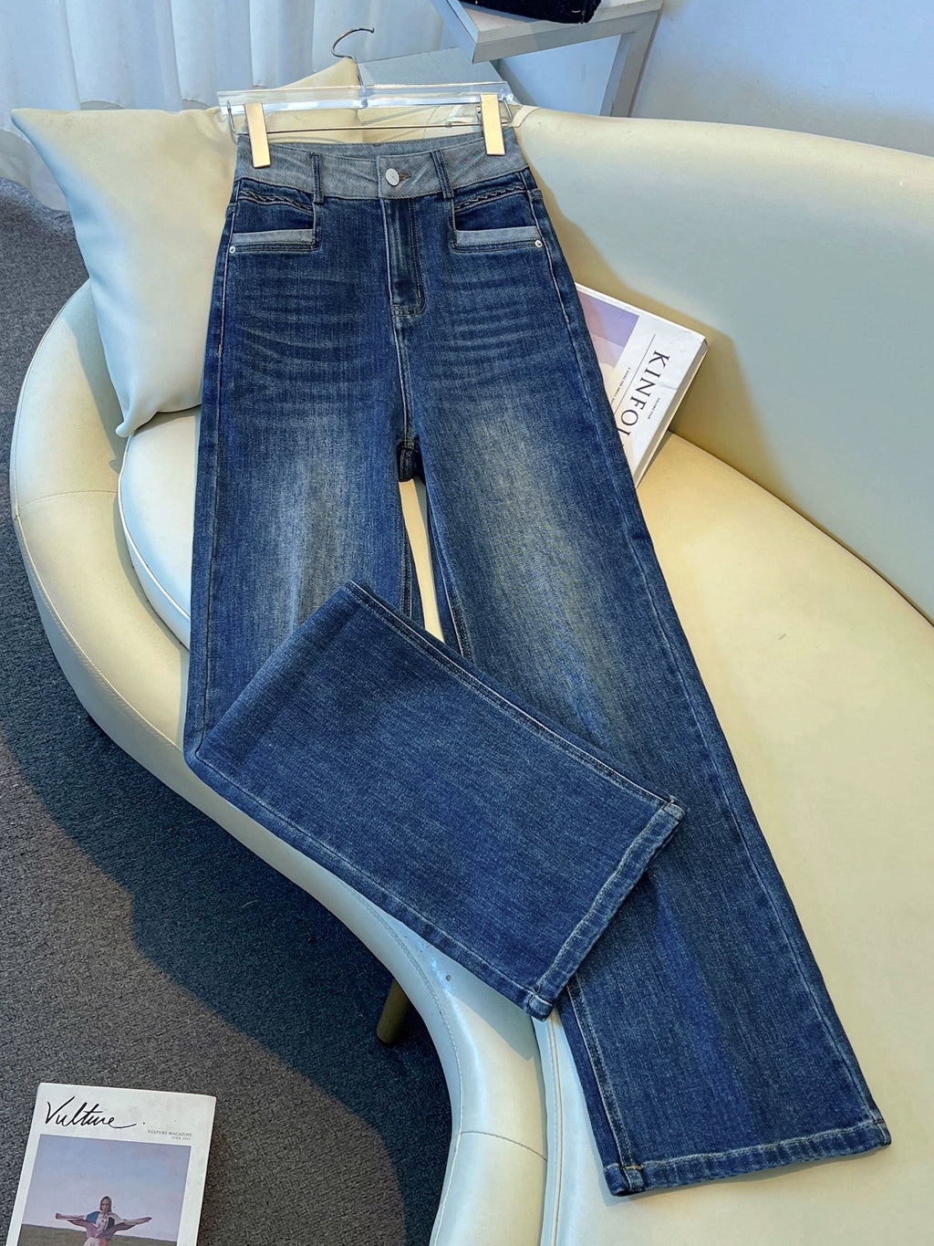 Contrasting color splicing narrow version wide-leg jeans women's 2026 autumn new high-waisted and thin versatile casual straight-leg pants