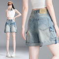 Light-colored tooling denim shorts women's 2026 summer new multi-pocket crimping design high-waisted loose wide-leg pants