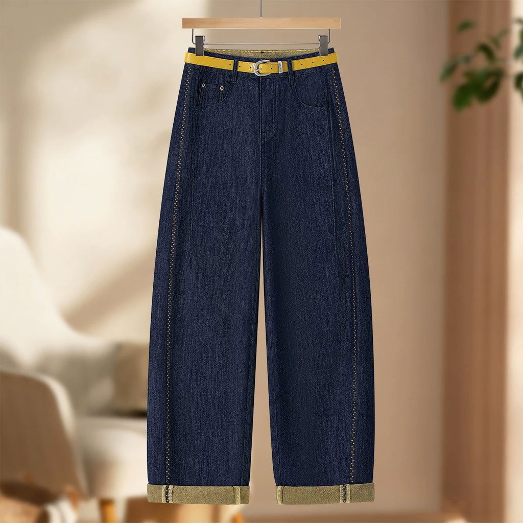 Korean contrasting color bright line high-waisted scimitar jeans women's 2026 summer thin loose drape wide-leg nine-point pants