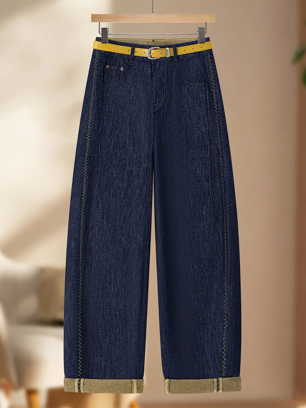 Korean contrasting color bright line high-waisted scimitar jeans women's 2026 summer thin loose drape wide-leg nine-point pants