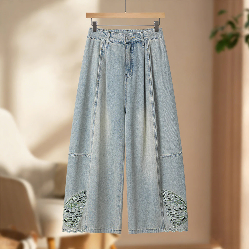 Design sense hollow embroidered jeans women's thin 2026 summer small loose hip covering thin scimitar nine-point pants