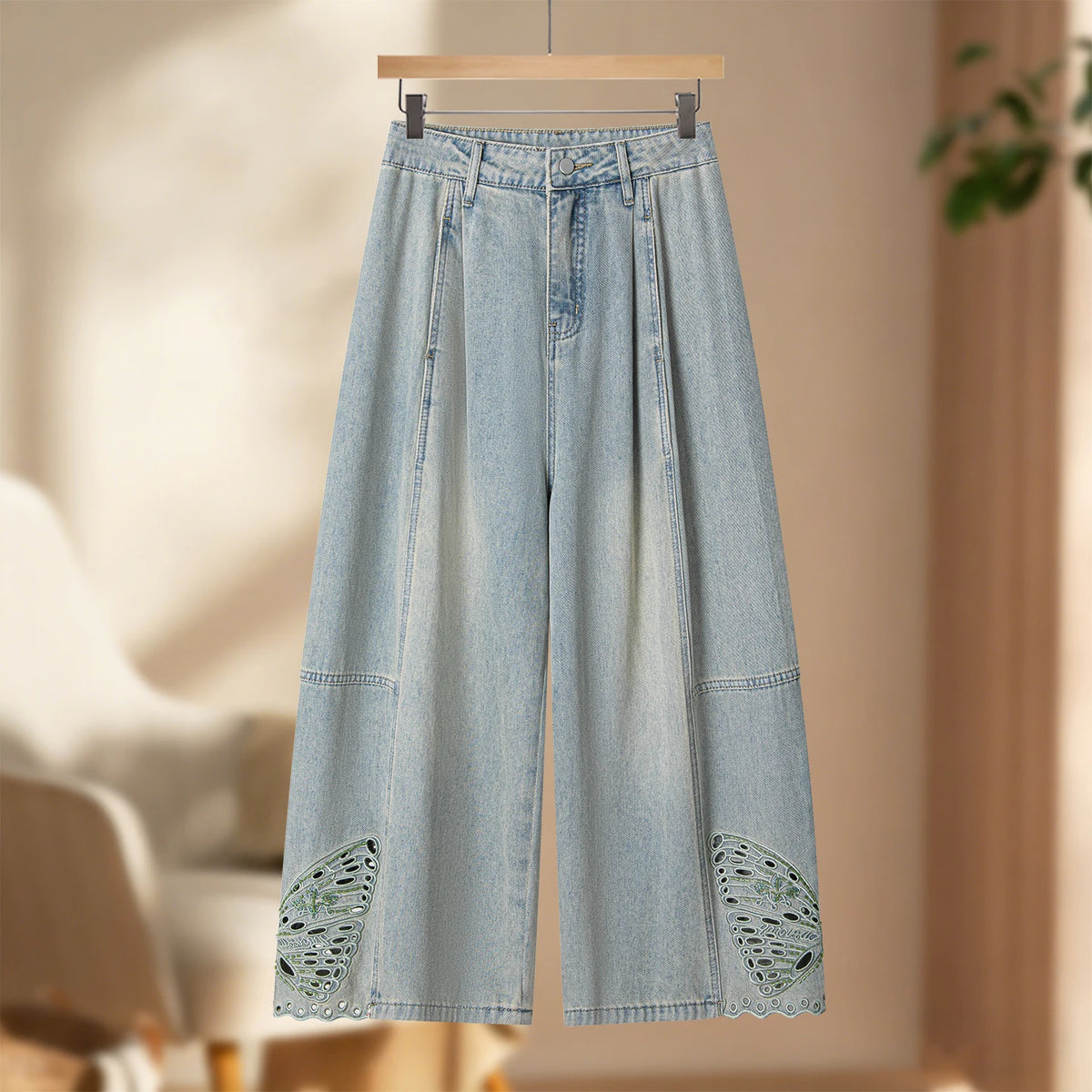Design sense hollow embroidered jeans women's thin 2026 summer small loose hip covering thin scimitar nine-point pants