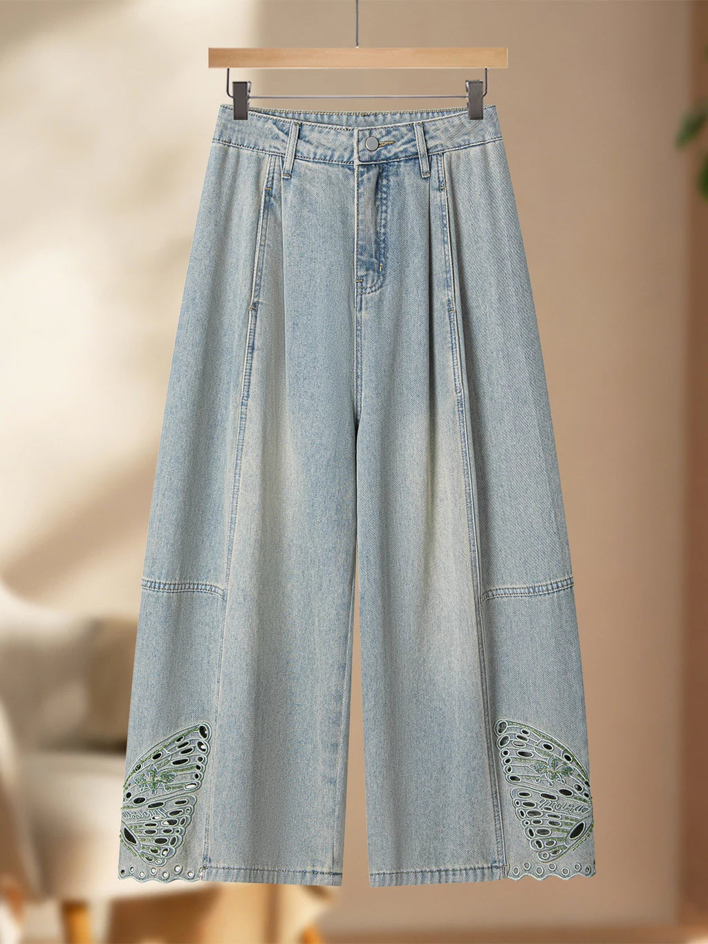 Design sense hollow embroidered jeans women's thin 2026 summer small loose hip covering thin scimitar nine-point pants