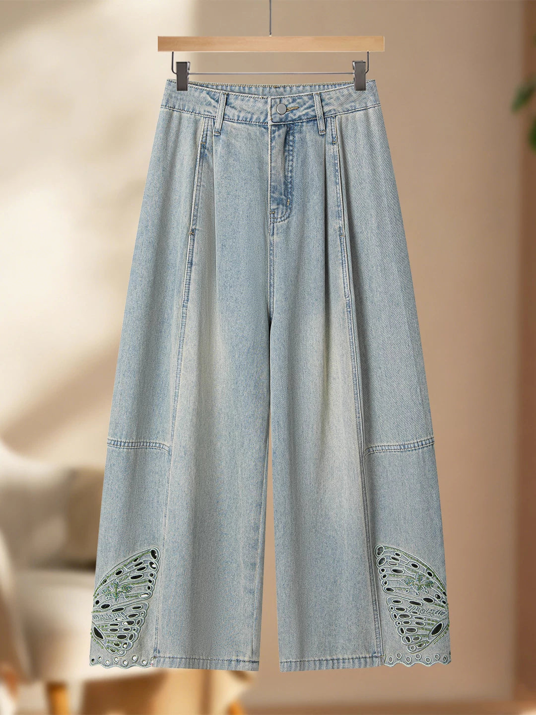 Design sense hollow embroidered jeans women's thin 2026 summer small loose hip covering thin scimitar nine-point pants