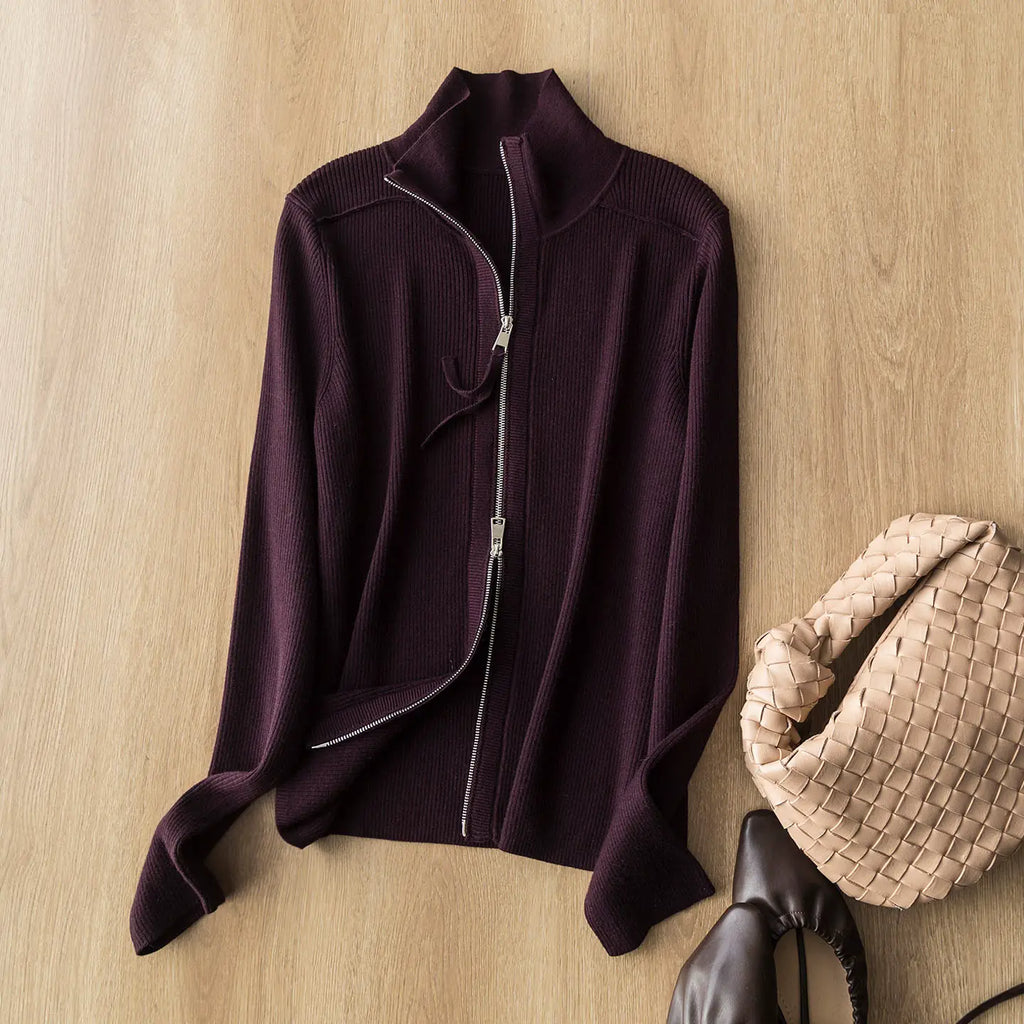 High-end quality stand-collar zip-up knit cardigan short jacket elegant versatile slimming wool base layer top trendy