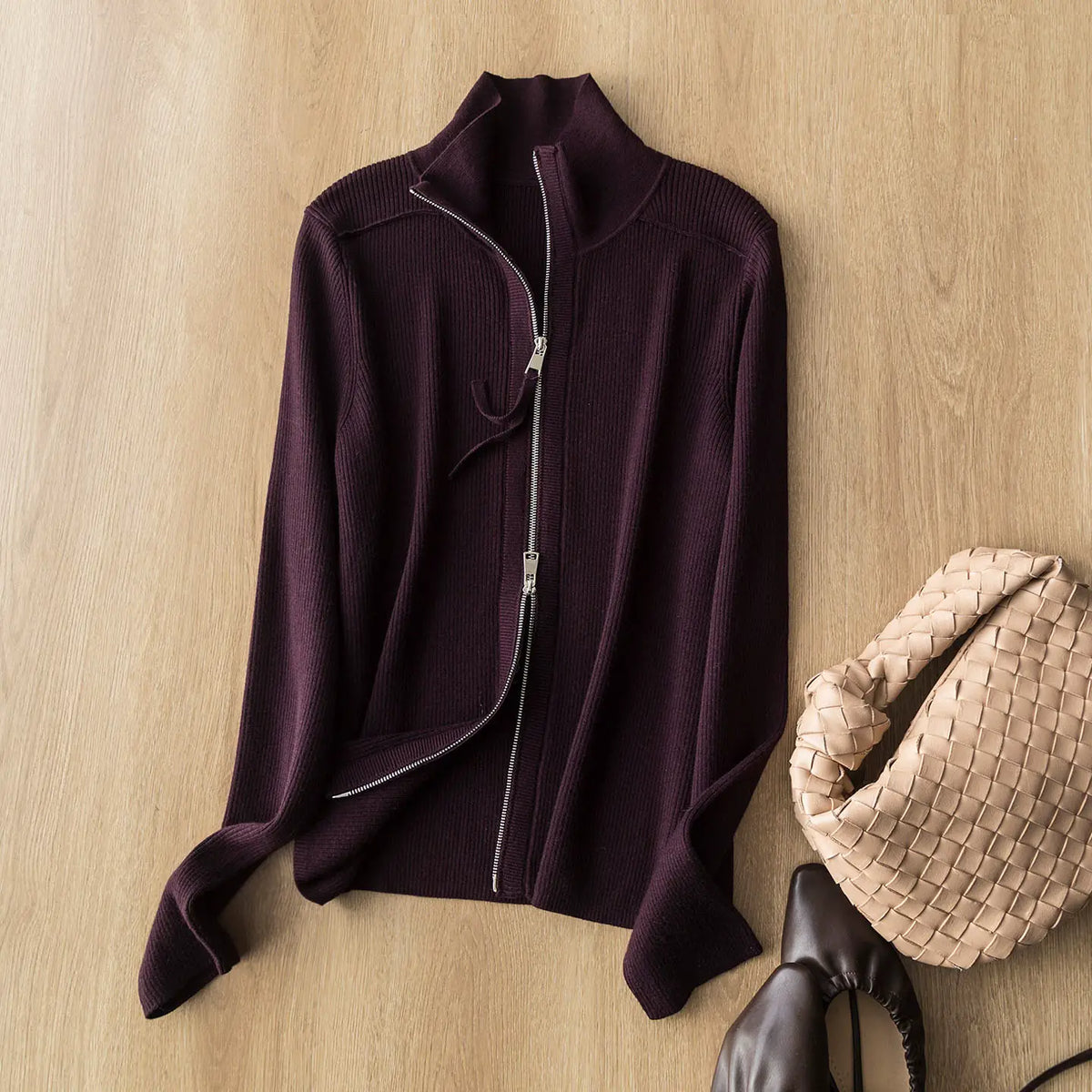 High-end quality stand-collar zip-up knit cardigan short jacket elegant versatile slimming wool base layer top trendy