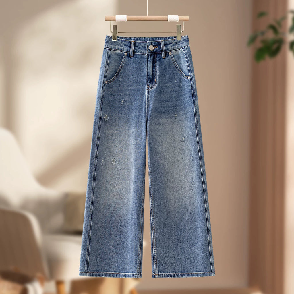 Hong Kong style ripped wide-leg jeans women's summer thin 2026 new small high-waisted thin straight eight-point pants