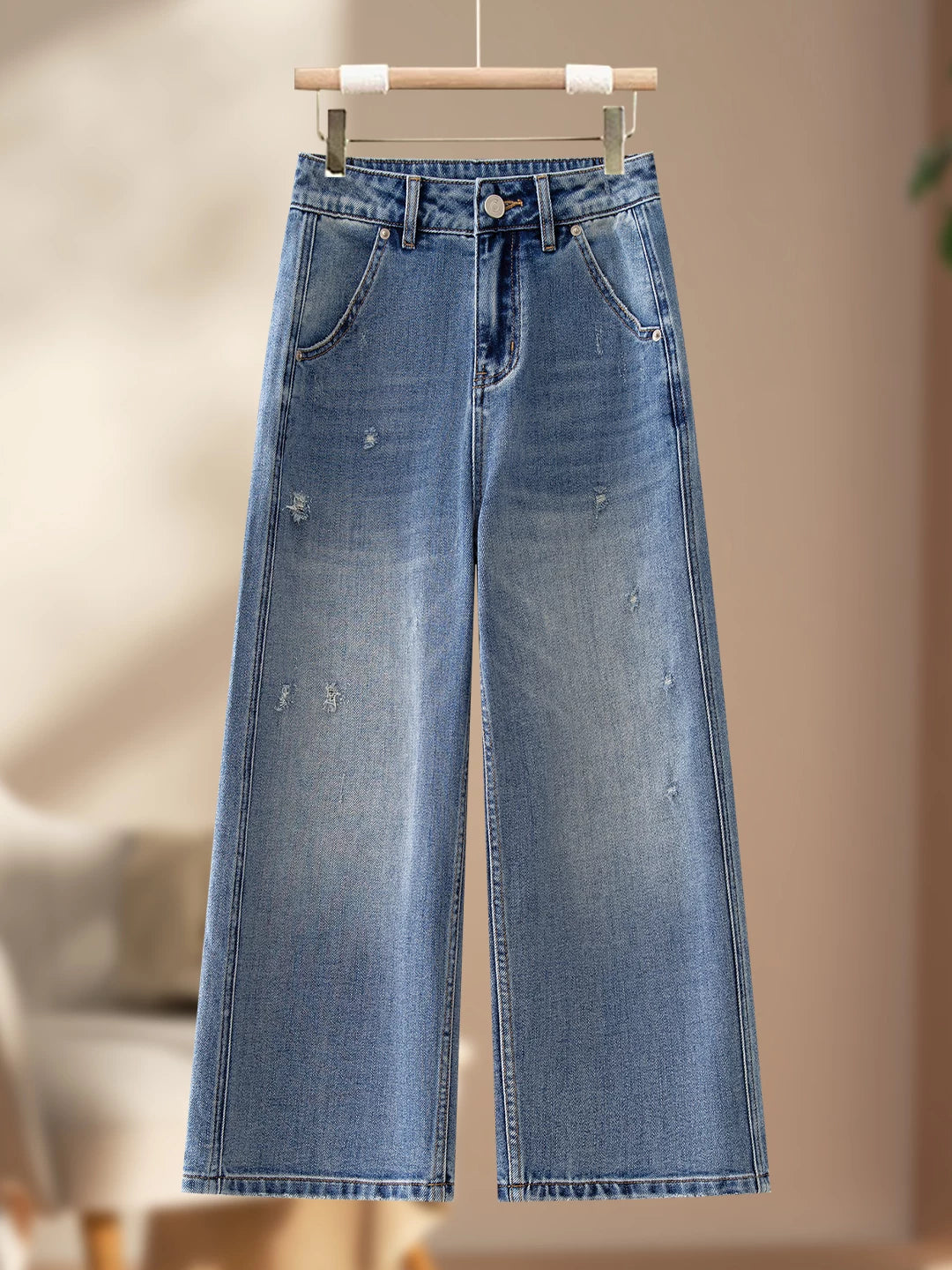 Hong Kong style ripped wide-leg jeans women's summer thin 2026 new small high-waisted thin straight eight-point pants
