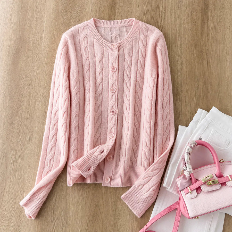 Fan-Favorite Treat: 100% Wool Classic Retro Cable-Knit Fine-Fit Crew-Neck Long-Sleeve Knit Cardigan Cropped Sweater