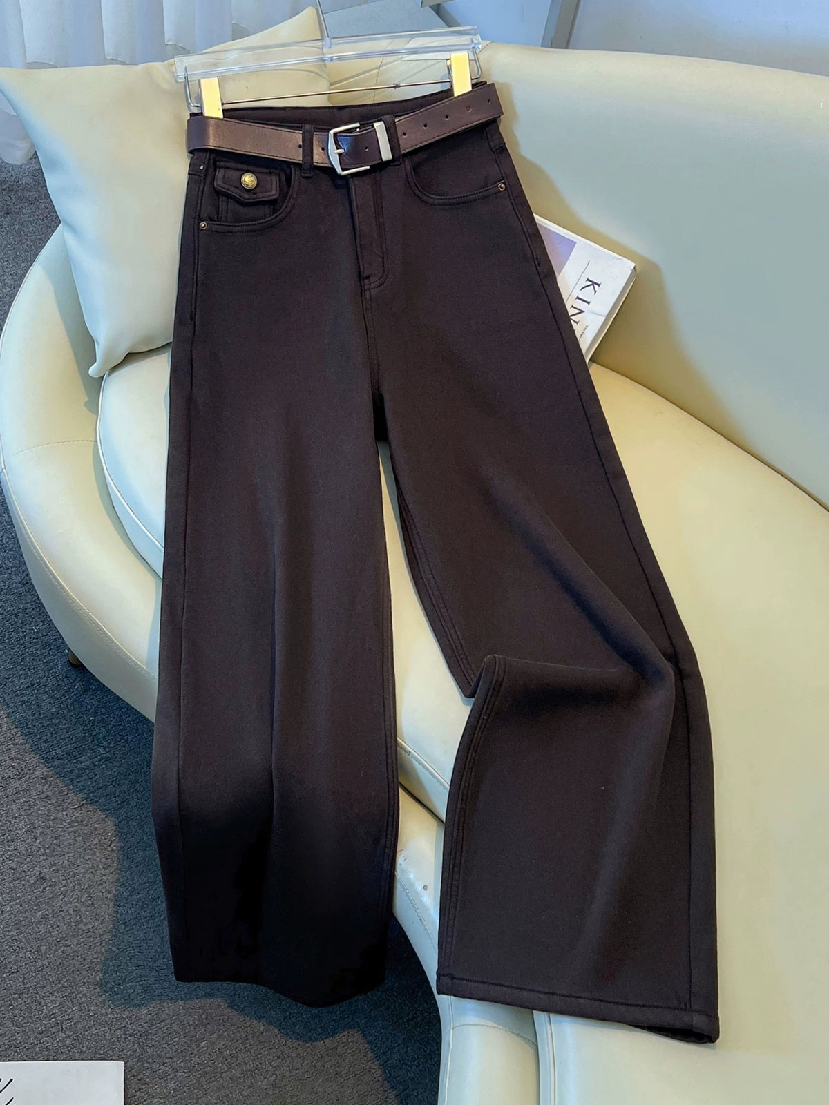 Retro dark coffee denim straight-leg pants women's 2026 winter new velvet high-waisted thin loose casual wide-leg pants