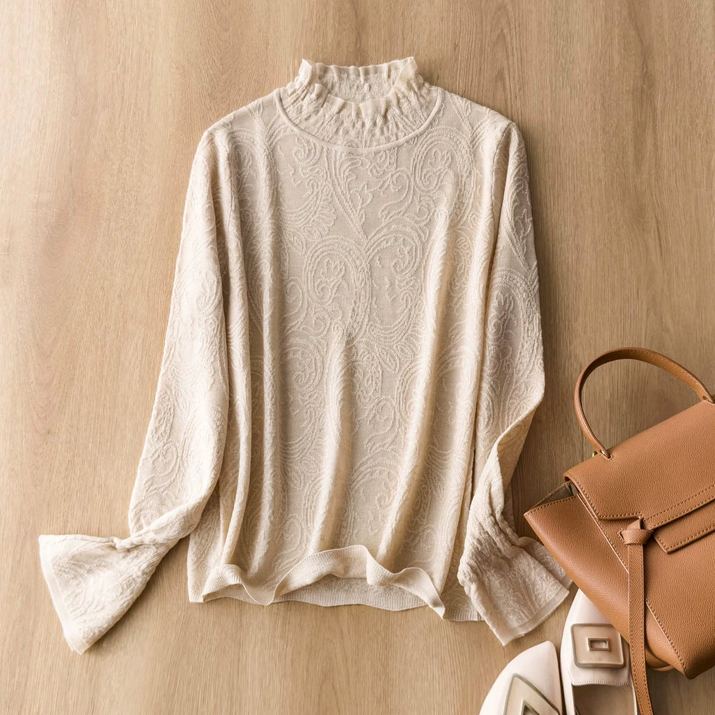 Gentle White Moonlight – So Easy to Style! Floral Lace Jacquard Knit Long-Sleeve Mock-Neck Base Layer for Women