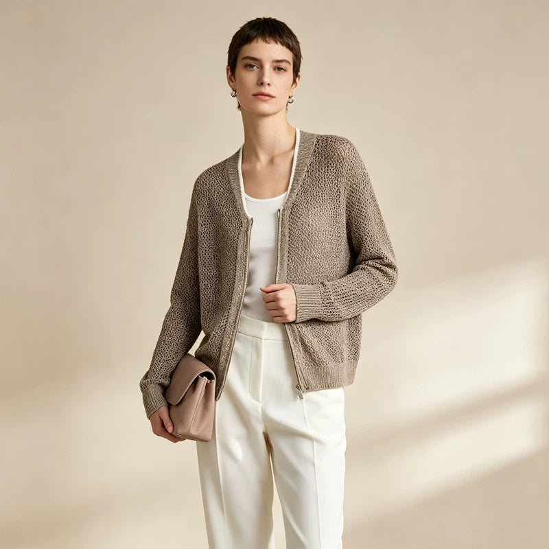 [Bin Bin Exclusive] [Bead Chain Soft Weaving] Textured Light Luxury Chain Round Neck Skinny Long Sleeve Knitted Sweater 863629