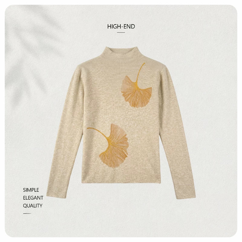 [Valkyvia/Yoyo] National style ginkgo embroidered semi-turtleneck soft waxy slim-fitting knitted top 263454