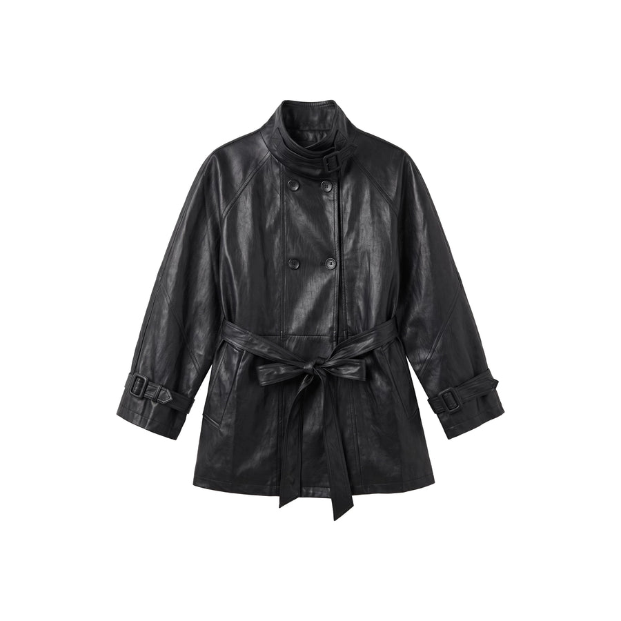 【Black Storm Shadow】Black Stand-Collar Double-Breasted Lace-Up Waist-Cinched Leather Jacket 263381