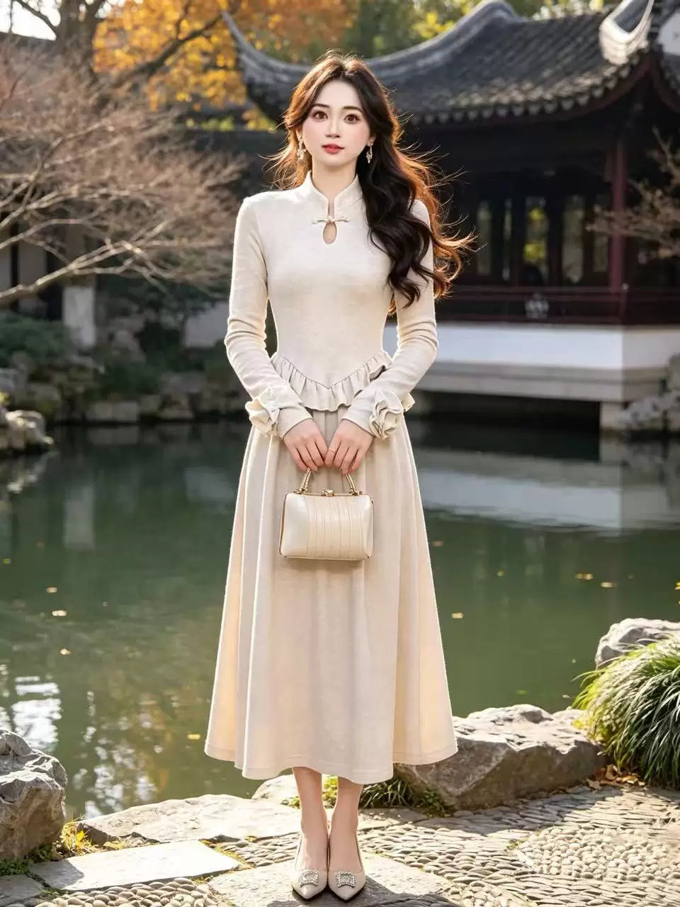 Ruirui Custom “Camellias Are in Bloom” Zipperless French-Style Cinched-Waist Elegant Casual Dress D11924