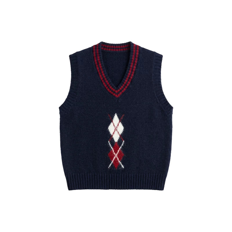 [Mina Exclusive] [Tibetan Blue Grid Description] Korean Navy Blue Contrast Color British Wind Hongling Grid Vest 263367