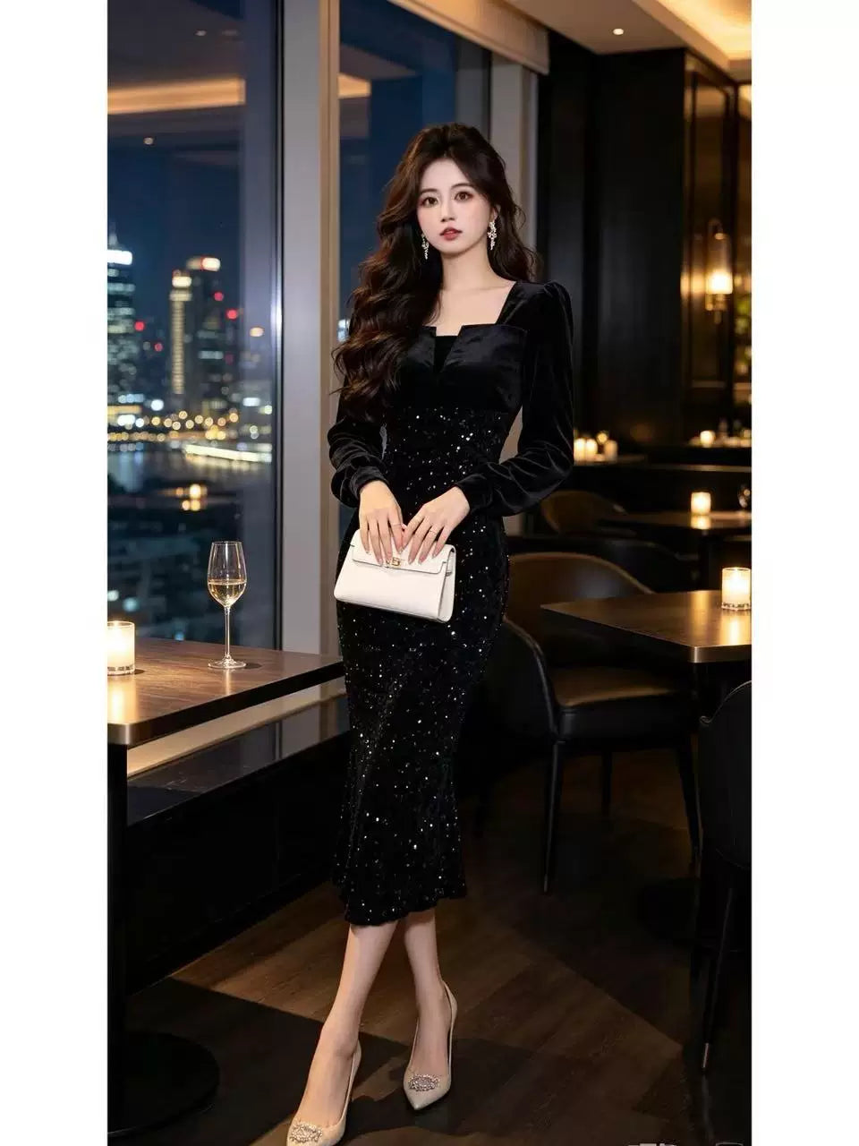 瑞瑞定制【夜巴黎】【有里布】晚礼服主持礼服连衣裙D4583