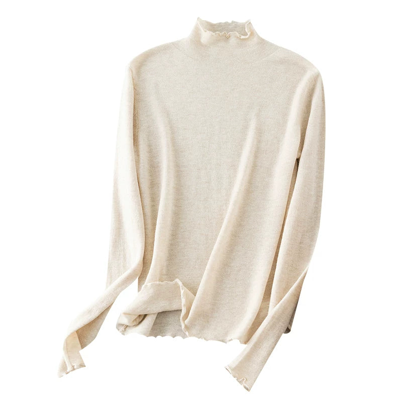 A must-have for everyone, perfect for pairing with statement pieces~ Nude-effect, ultra-comfortable extra-fine wool turtleneck knit top with a mock-neck collar