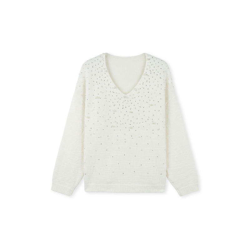 [Recommended by Huahua] Wool light luxury celebrity V-neck full of diamond beads loose wool woven shirt 263399