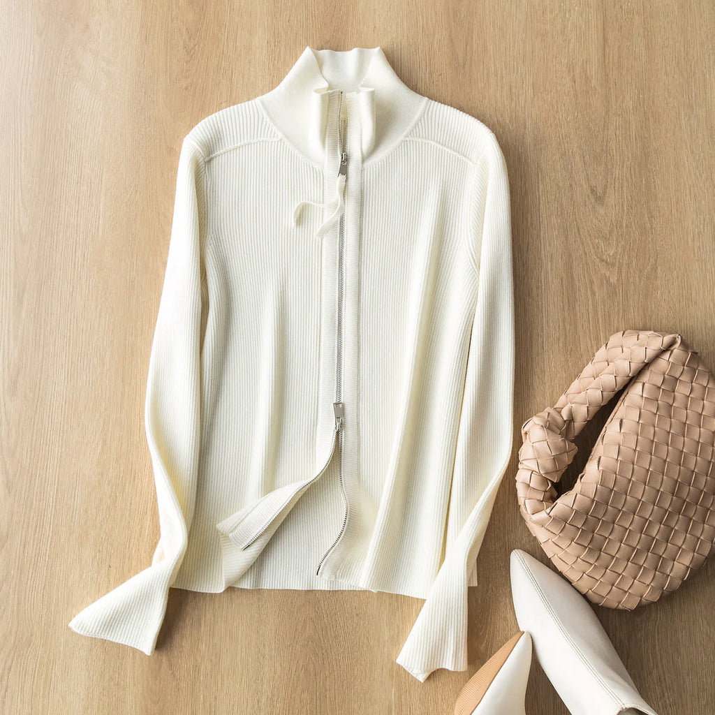 High-end quality stand-collar zip-up knit cardigan short jacket elegant versatile slimming wool base layer top trendy